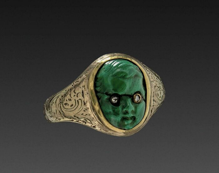 Malachite Cherub With Diamond Eyes On A Gold Ring—Show Off!
