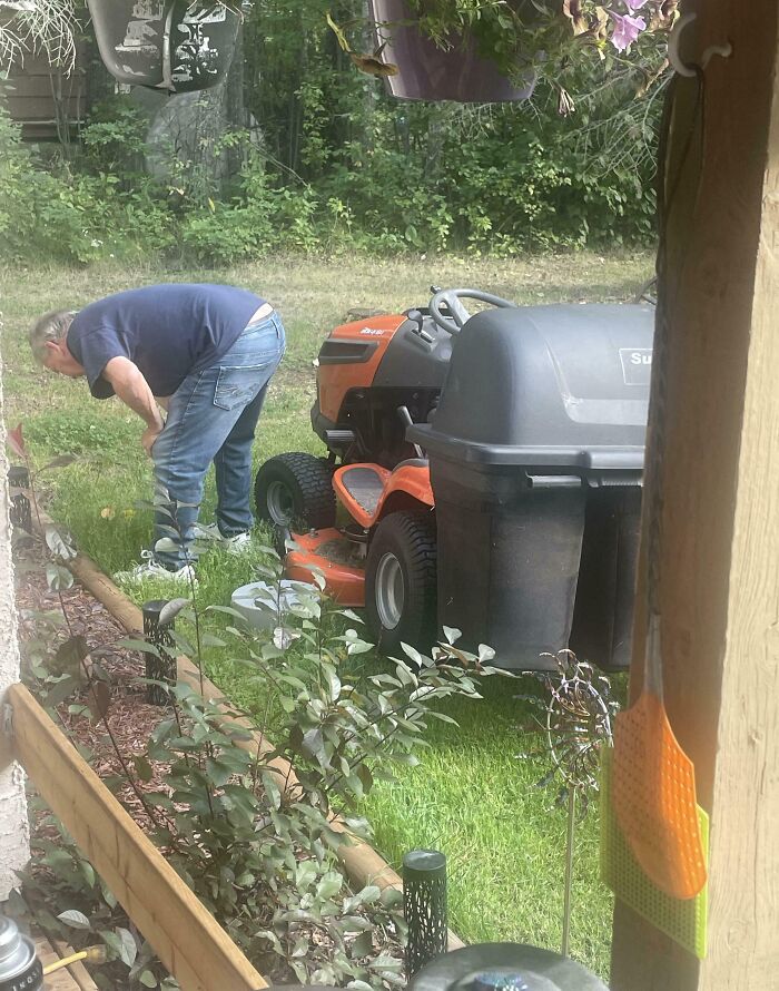 Dad Presses Pause On Mower To Play Frog Traffic Cop