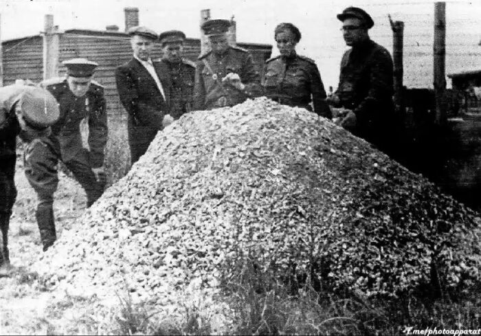 Stunned Soviet Officers Checking Out a Huge Pile of Ashes at Majdanek Camp, 1944