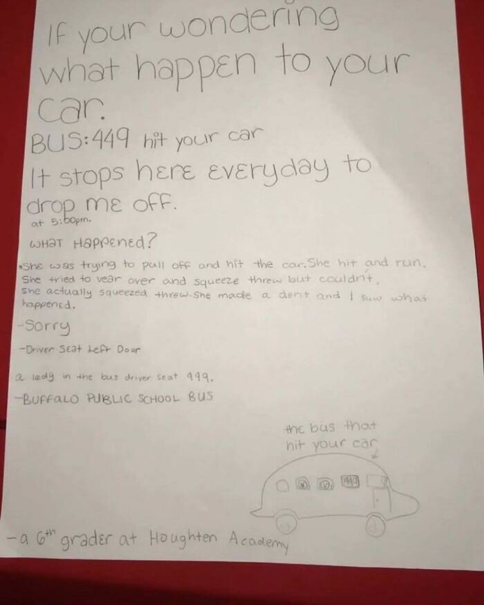 Sixth-Grader Leaves Note After Bus Hits Car—Total Honesty Win