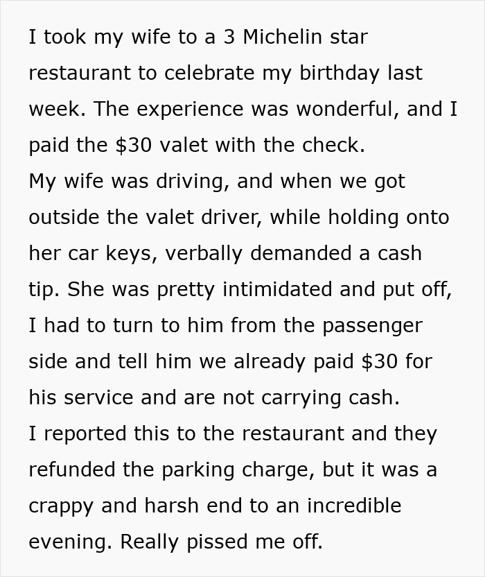 $30 Valet Demands Cash Tip, No Exceptions