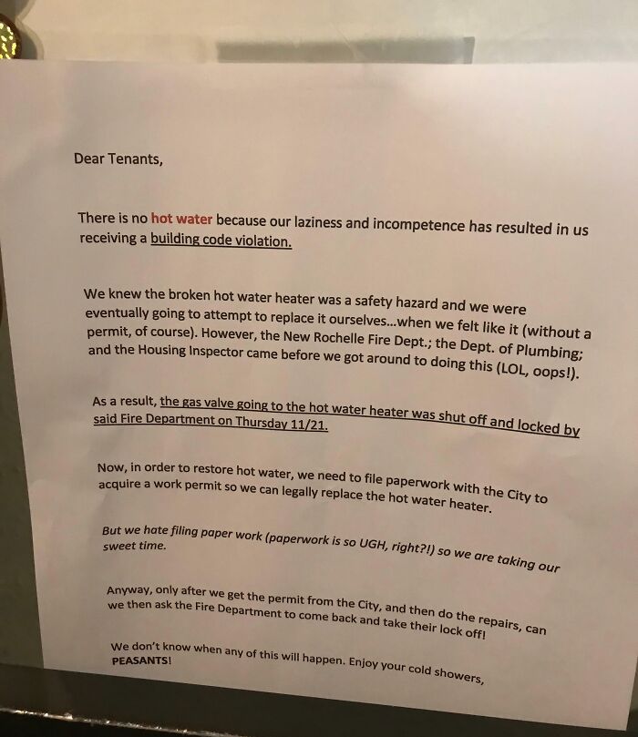 Landlord’s ‘No Hot Water’ Note Translates To: ‘Deal With It’