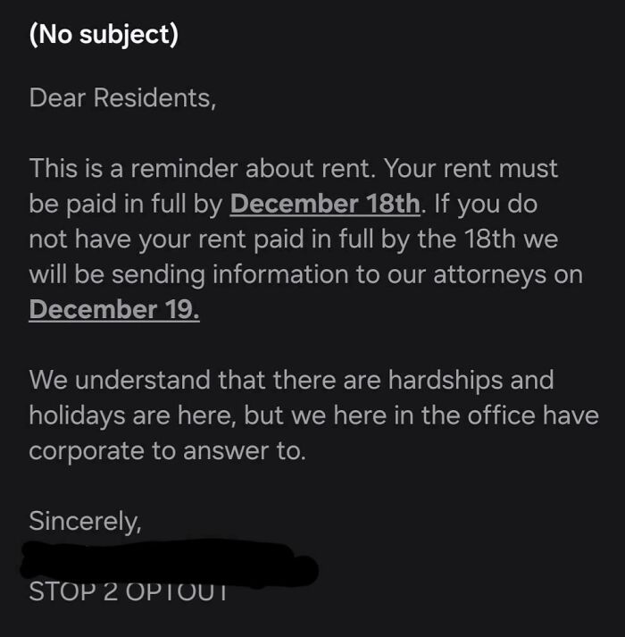 Landlord’s ‘End of Year’ Text Is Basically A Threat