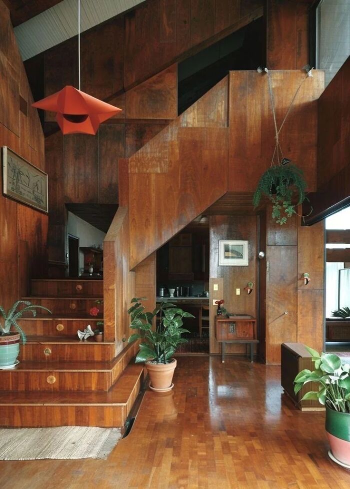 Drama Alert: 70s Wall Paneling with a Staircase That Slays