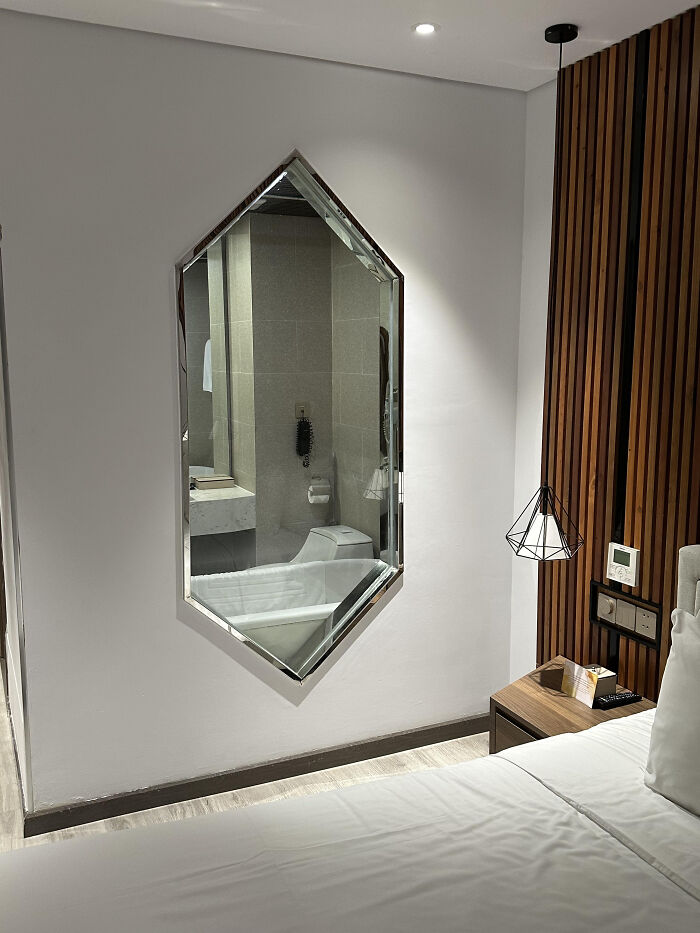 Hotel Room Bathroom With a Window Into the Room? No Privacy!