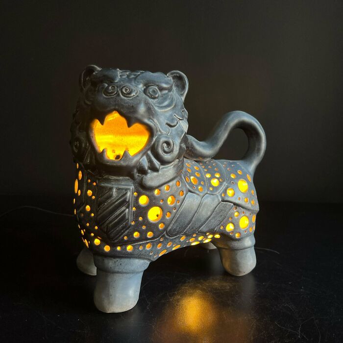 Ceramic Lion Lamp Made During Military Service