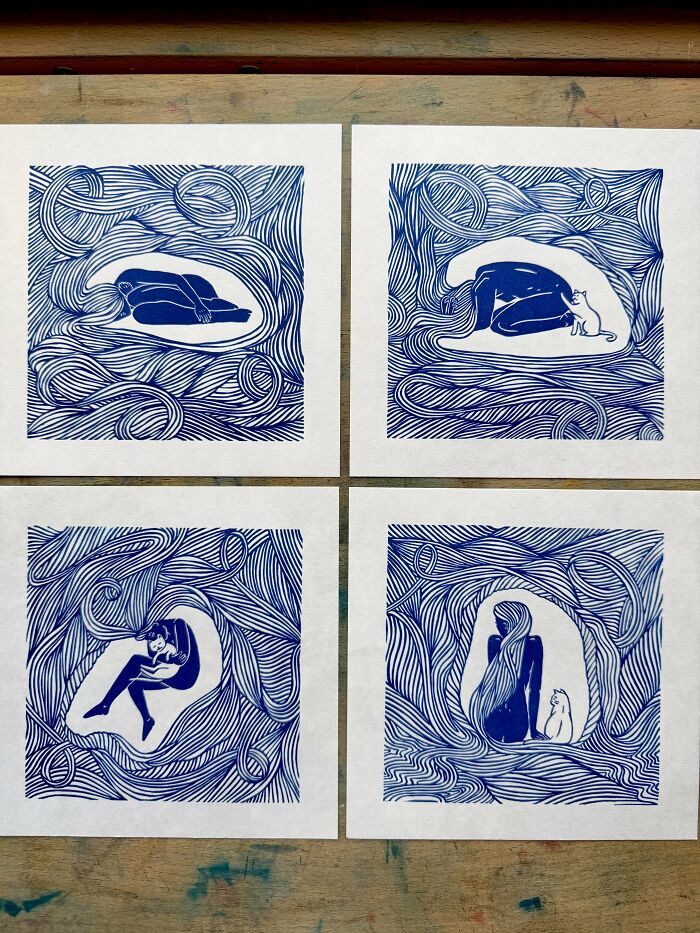 Cat Stayed When Everything Fell Apart: Linoprints That Touch The Heart