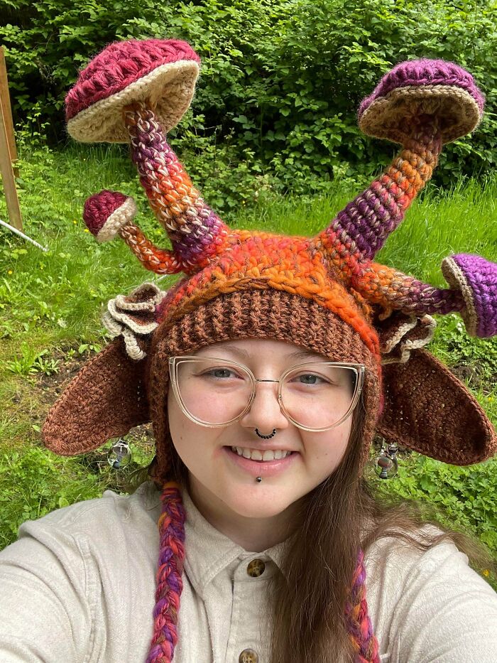 Wool mushroom hat complete with glass pendants because yes, fashion meets fungus.