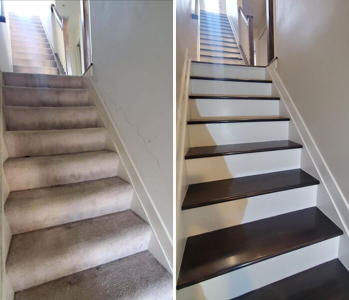 Carpeted Pine Stairs Transformed Into Stained Wood — First Woodworking Project!