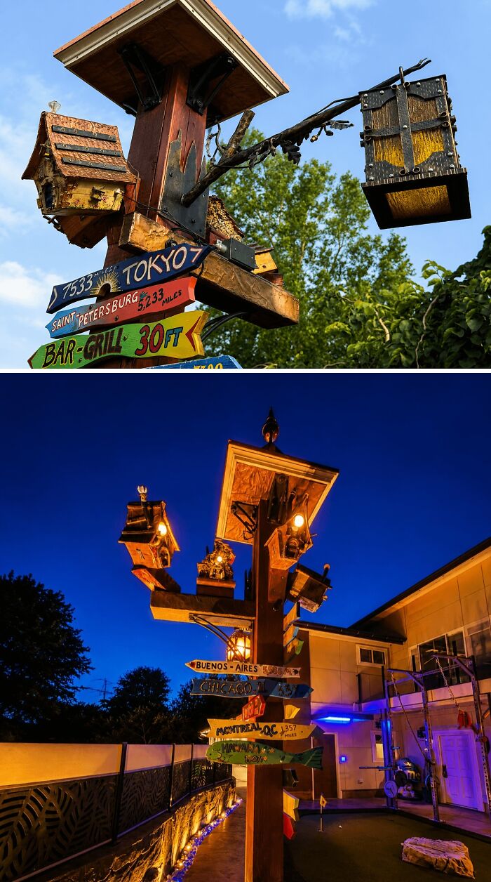 Tiny Houses on My Patio Lamppost Glow Like Little Magic Worlds at Night