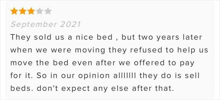 Customer Upset a Mattress Store Won’t Help Them Move Their New Bed