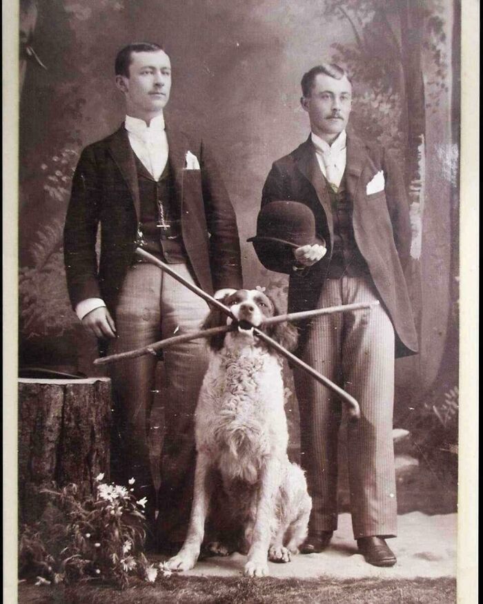 Two Gents and Their Dog with Not One, but TWO Walking Sticks – 1890s