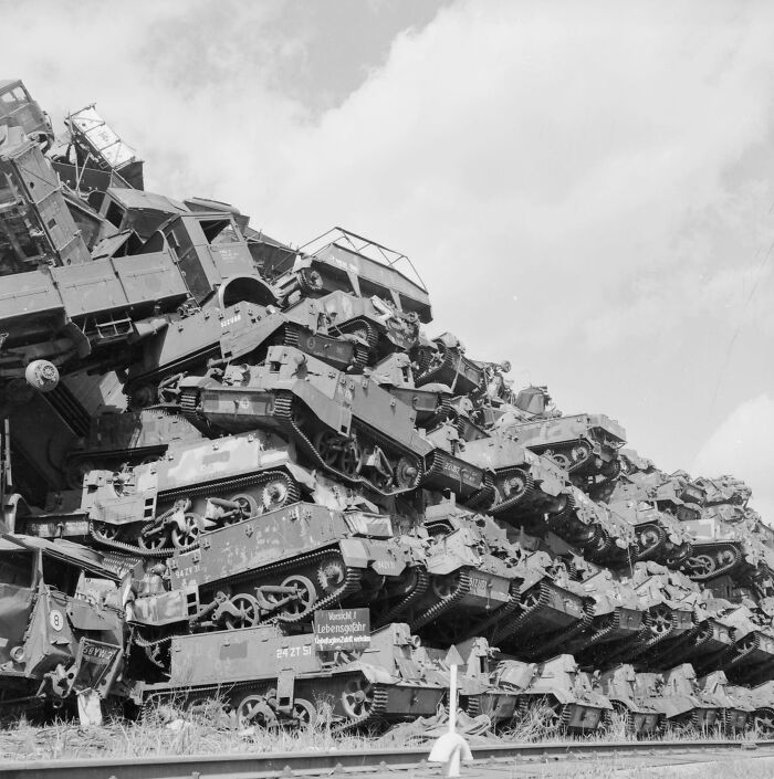 Post-WW2 Junkyard: Tanks and Trucks Piled High in Hamburg, 1958
