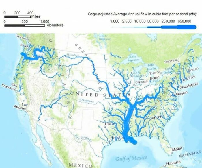 U.S. Rivers Mapped By How Much Water They Actually Carry. Talk About Flow!