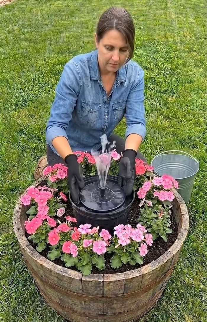 Wooden Barrel + Fountain = Garden Magic