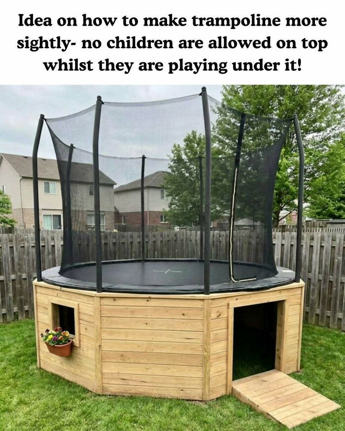 Trampoline Gets A Wooden Skirt And A Playhouse Underneath! Backyard Win!