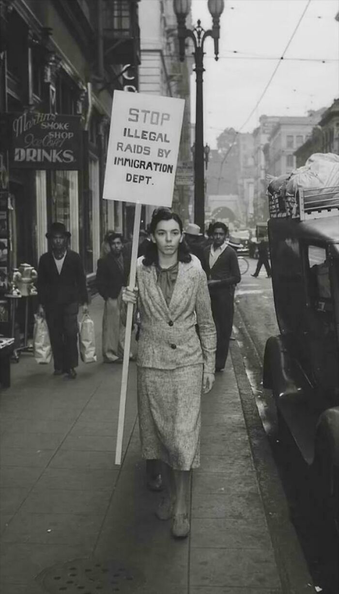 One Brave Woman Picketing Solo Against Immigration Raids, Los Angeles 1937