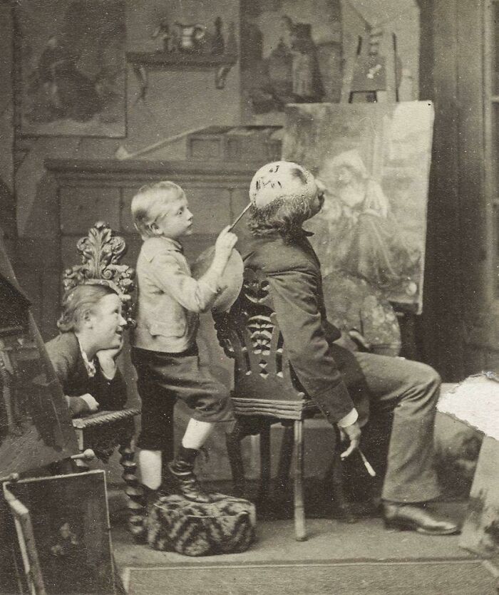 Boy Painting A Face On Dad’s Bald Head, 1877 (Next Level Creativity)