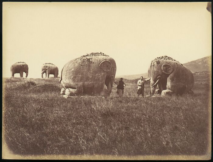 Two Men By Giant Elephant Statues, China 1870s (Size Matters)