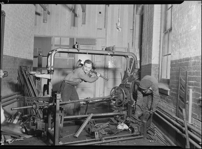 Junkies Breaking Up Old Looms For Scrap, 1936 (Recycling Old School)
