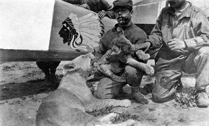 Pilots With Lion Mascots, 1916/1917 (Roaring Good Time)