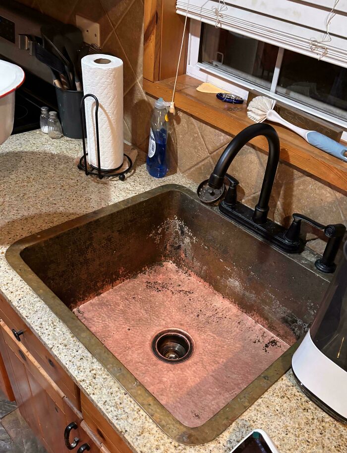 Husband Used Harsh Cleaner On Copper Sink With 15 Years Of Patina, Now Freaking Out