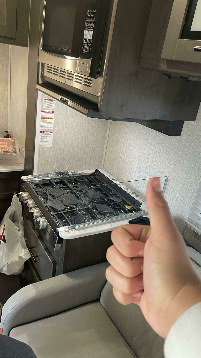 Rented An RV But Forgot To Take Off The Glass While Cooking. Fire Hazard Alert!