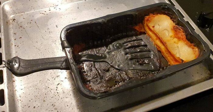 Left Plastic Spatula In Oven While Reheating Lasagna. Melty Disaster