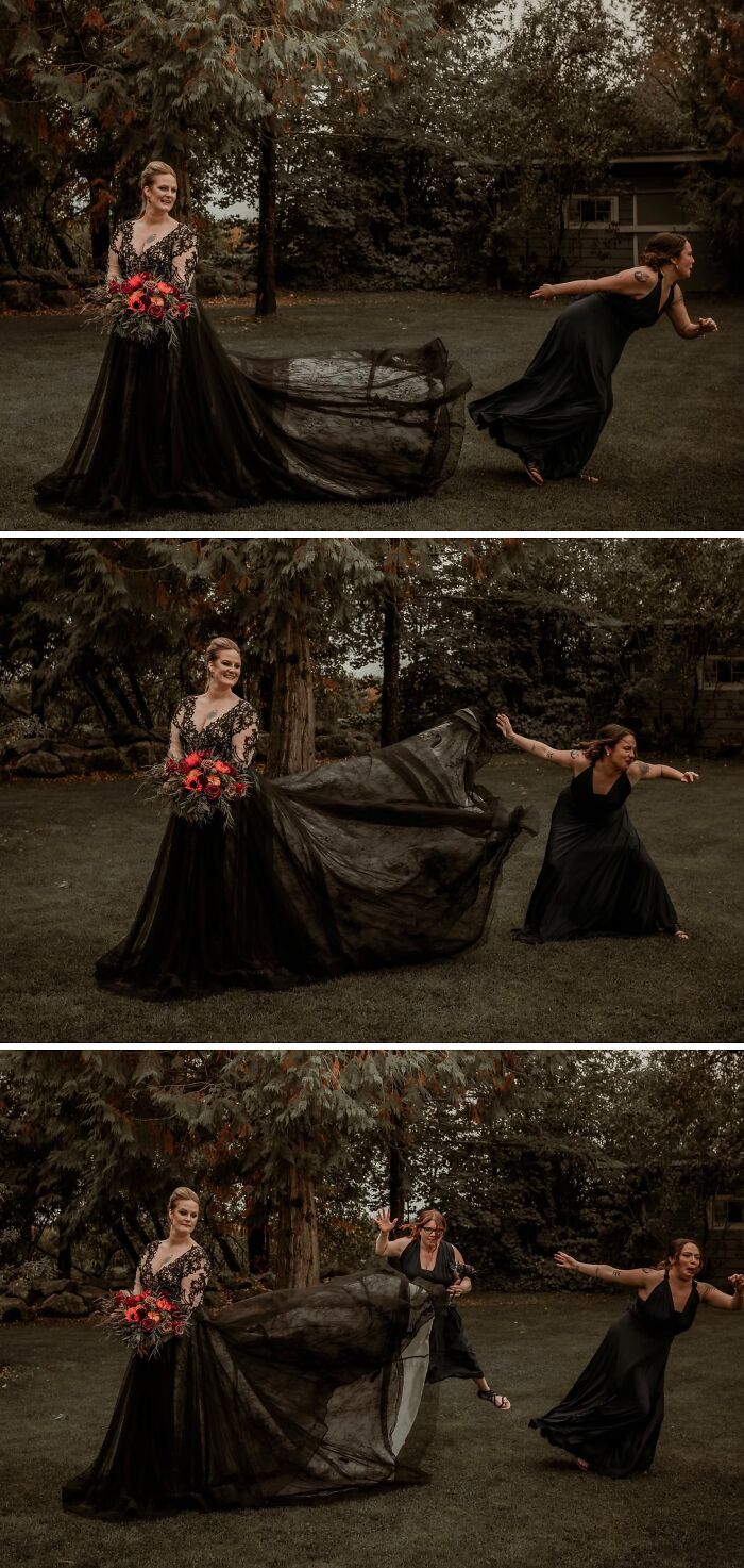 Best Friend Rocks A Black Wedding Dress, While I’m The Sneaky Gremlin Escaping The Frame