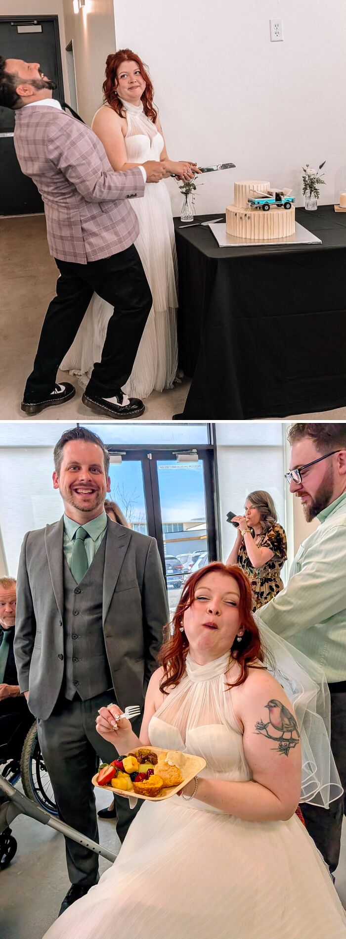 Cake Cutting Debate: Husband Laughing Vs. Me Sternly Glaring