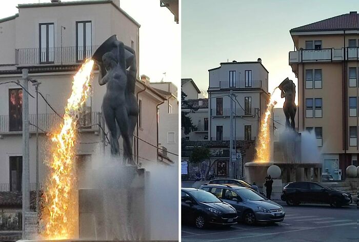Lava Fountain? Nope, Just Sunlight Showing Off on This Fountain