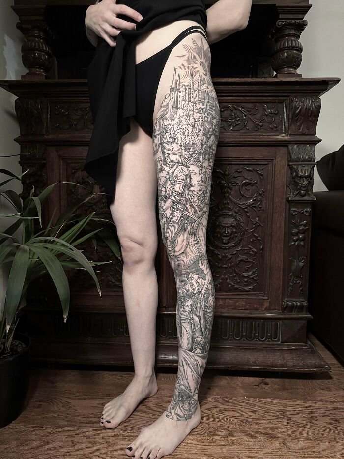 Full Leg Tattoo That’s A Masterpiece