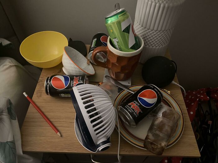 The Bedside Table He’s Letting Completely Go To Mess City