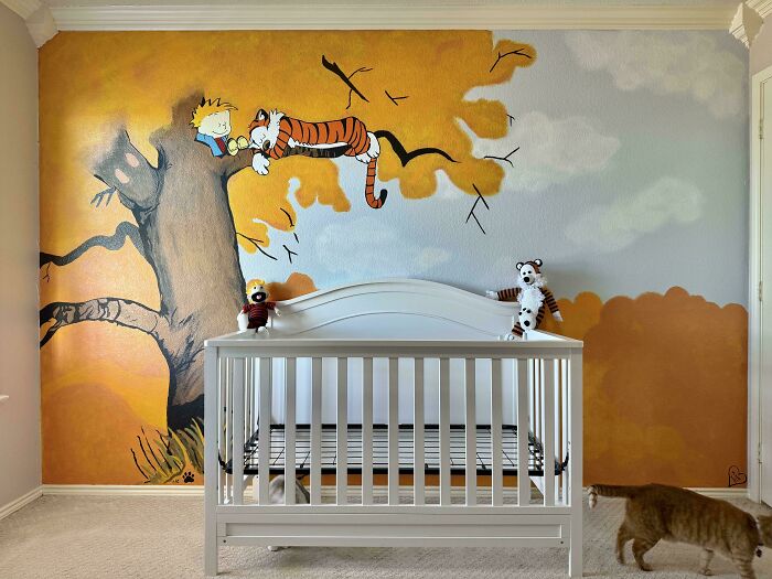 Painted a Calvin & Hobbes Mural in Our Baby Girl’s Nursery