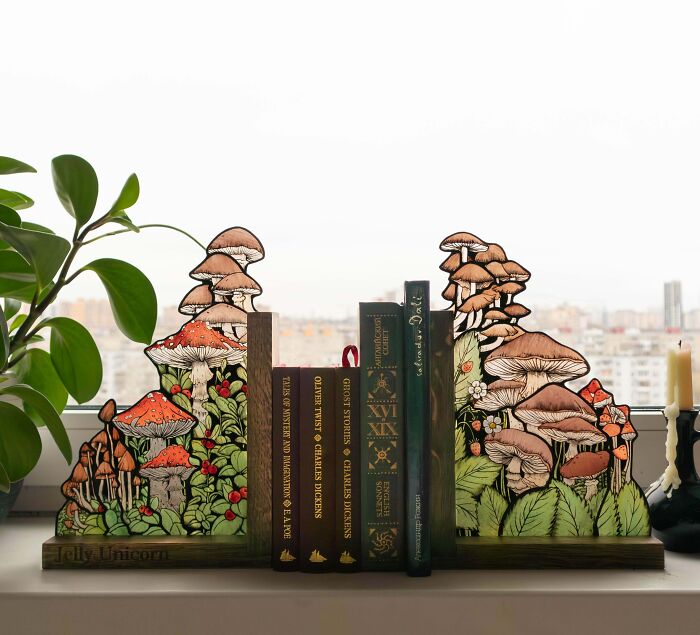Handmade Stained Glass Bookends Featuring Cute Mushrooms