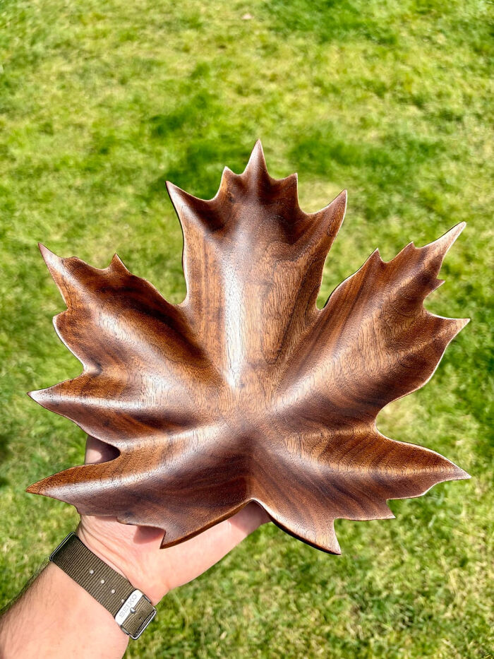 Carved a Maple Leaf Bowl from Walnut Wood