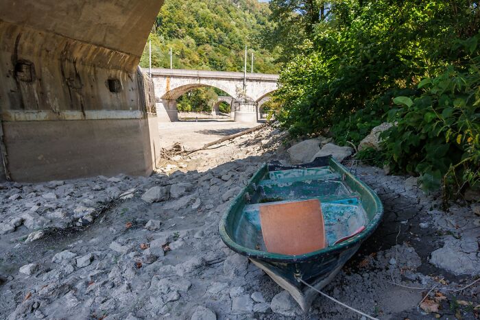 Trapped Boat Under a Bridge in Slovenia’s Dry Riverbed