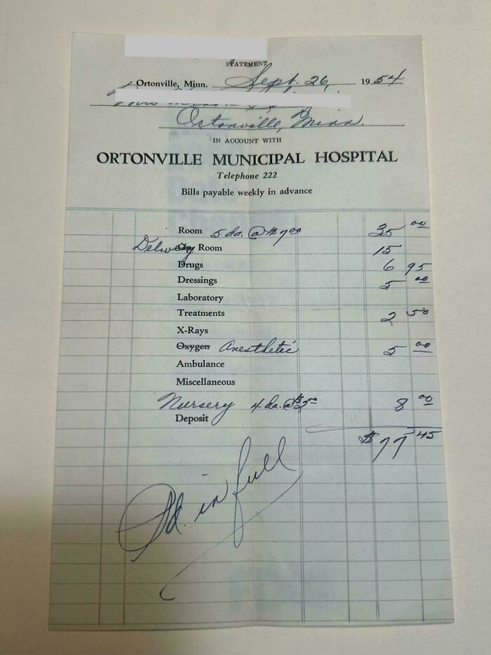 Mom’s Birth Receipt. 1954 Prices Make You Blink!