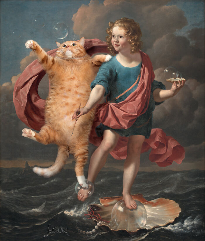 The Boy Blowing Soap Bubbles And The Cat Hunting Them. Allegory On The Transitoriness And The Brevity Of Life... Or Of A Diet Dinner