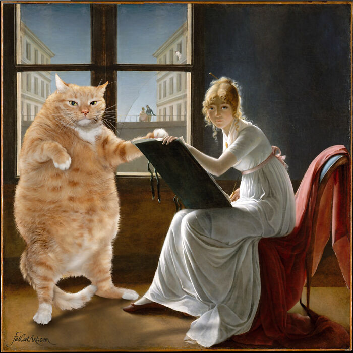 Young Woman Drawing A Cat
