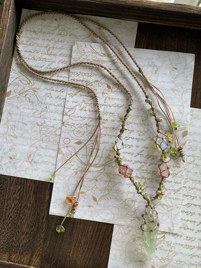 Forest Necklace Made Using Crystals And Woven Cord—Nature Vibes!