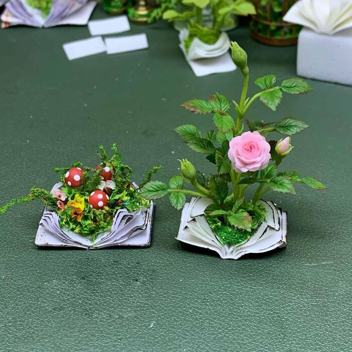Miniature Flower Growing Out Of An Open Book—Super Charming!
