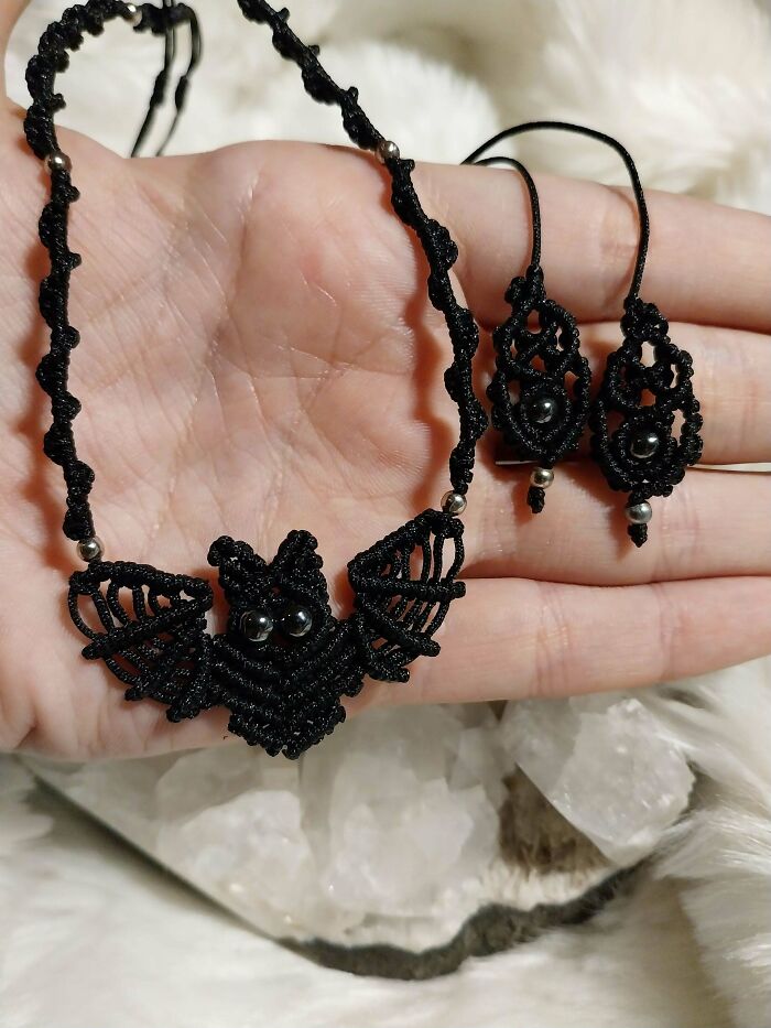Bat Necklace In Micromacrame With Hematite Crystal—Badass!