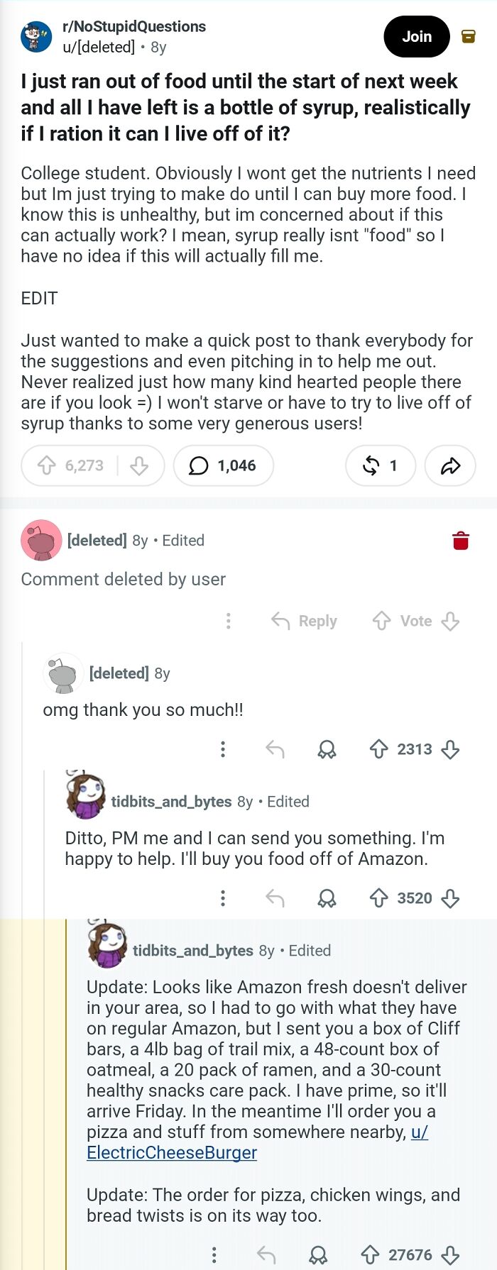 Redditor Sends a Month’s Worth of Food to Someone Stuck Surviving Only on Syrup for a Week