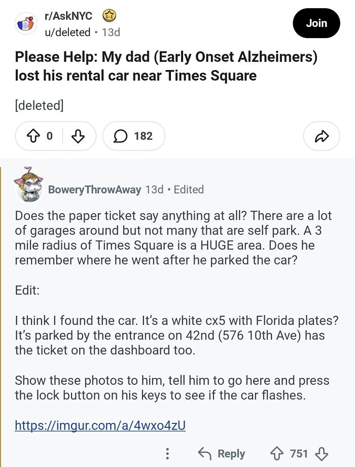 Redditor's Dad With Alzheimer's Loses Rental Car in NYC—Then a Stranger Finds It!