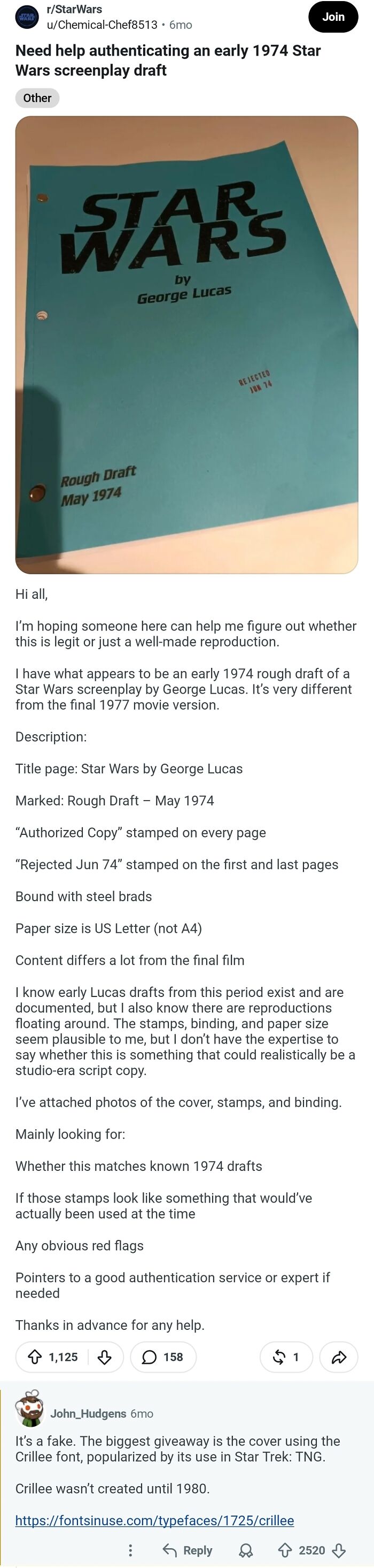 User Proves Supposed 1974 Star Wars Script Is Fake Because Font Didn’t Exist Yet