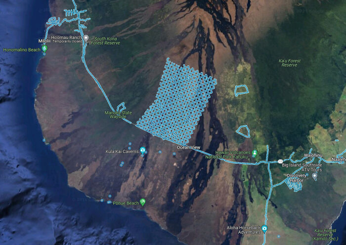 Giant Grid Of Roads At Hawai'i’s Southern Tip (19.1161926, -155.7647852)