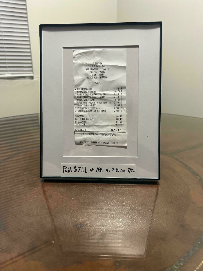 Paid $7.11 At 7/11 Exactly at 7:11 on 7/11 – Receipt Framed!
