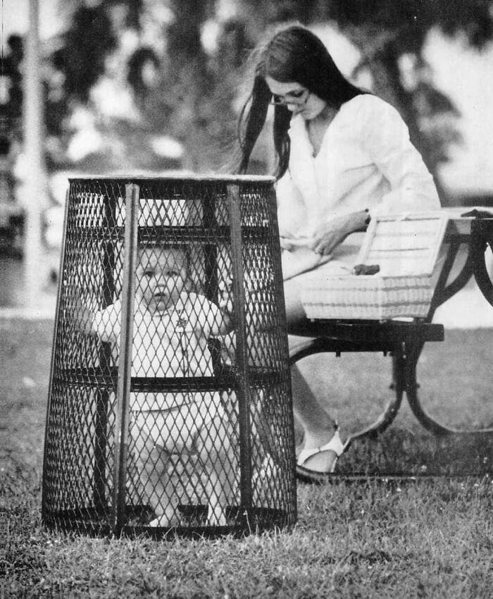 1969 Mom Uses Trash Bin As Baby Crib So She Can Crochet—Resourcefulness Level: Expert
