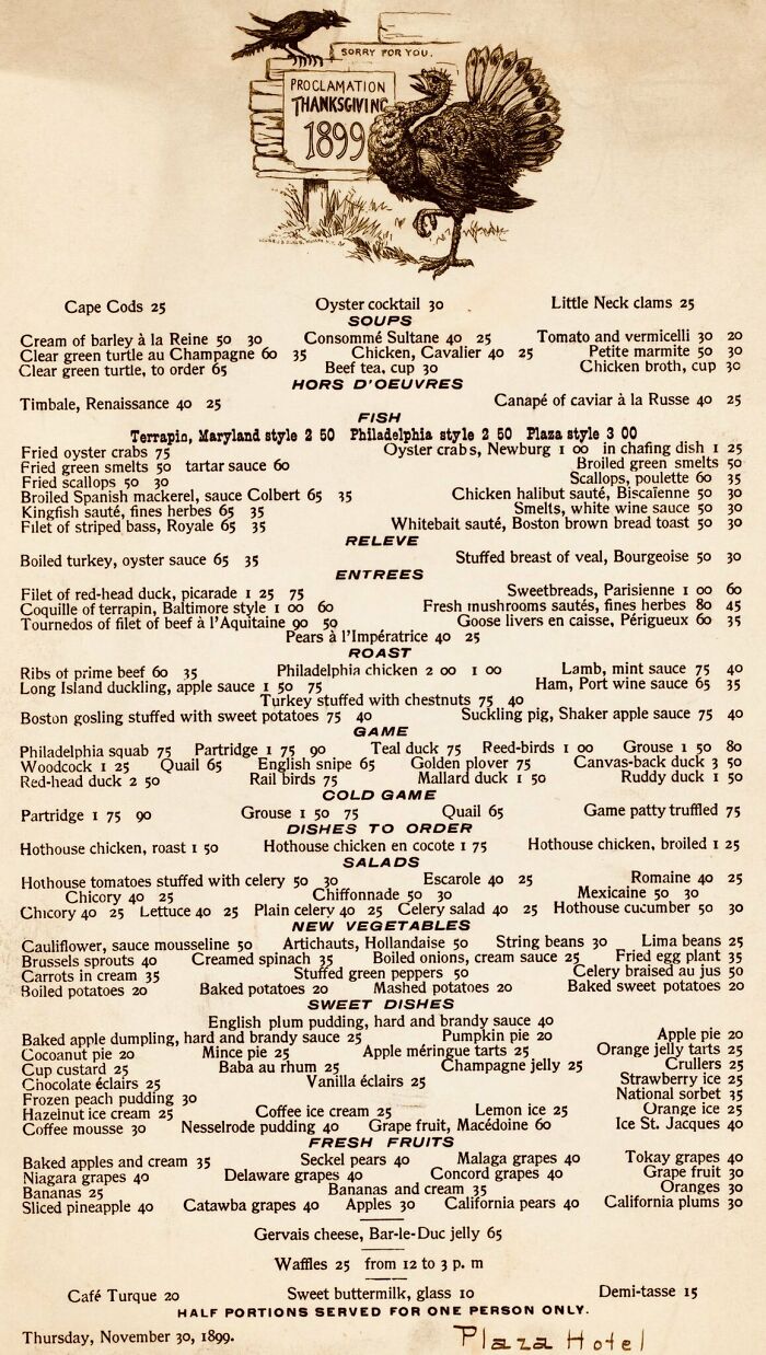 Thanksgiving Menu From The Plaza Hotel, NYC 1899—Fancy Feast Alert!